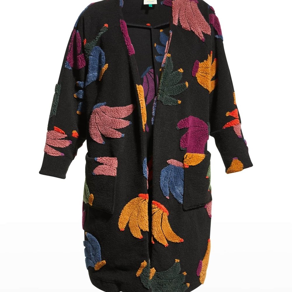 Farm Rio Banangola tropical banana motif fleece cardigan sweater
